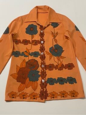 Women's Vintage 70s Orange Floral Button-Up Blouse